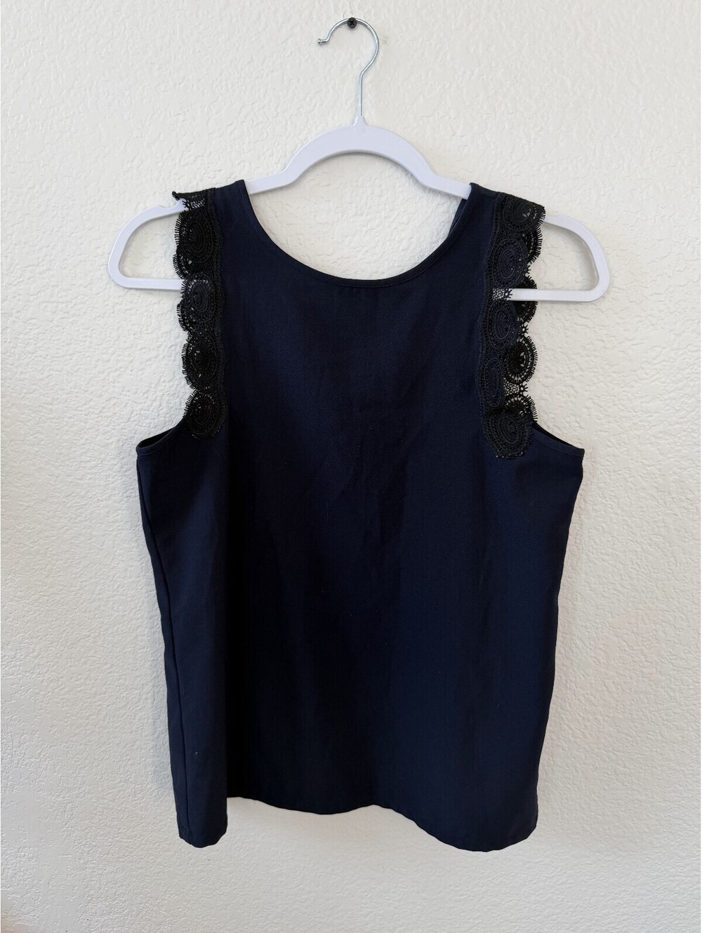 Dalia Navy Sleeveless Top with Lace Trim quiet luxury office siren